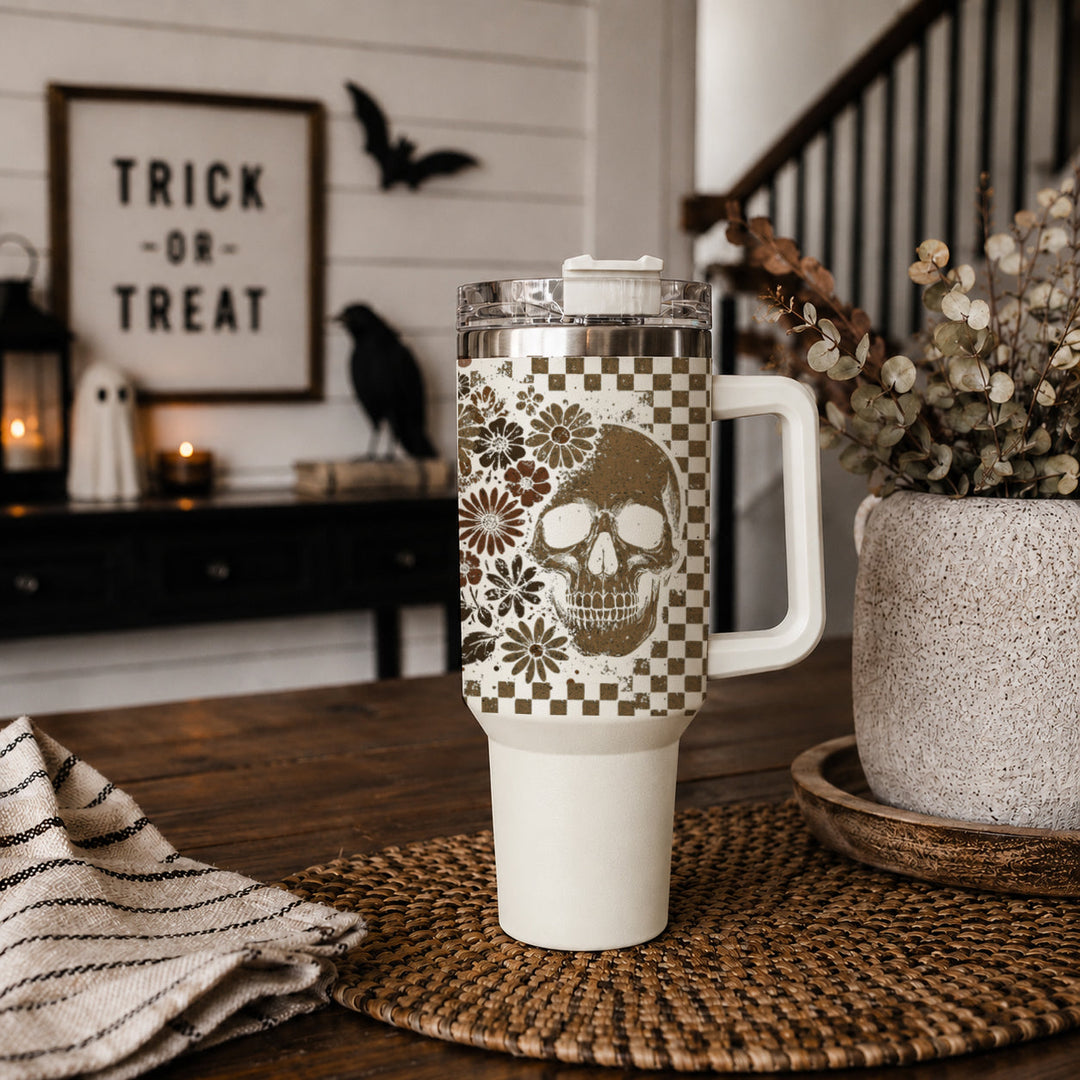 Retro Ghost Skull Tumbler 40oz Halloween Handle Lid Straw Great Gift for Friends