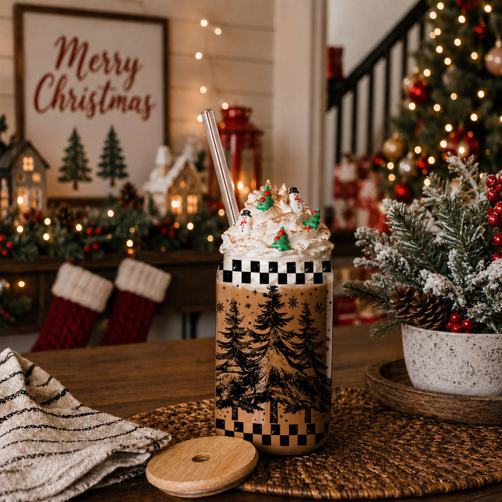 Retro Christmas Tree Glass Tumbler 17oz Bamboo Lid Straw Great Gift for Friends