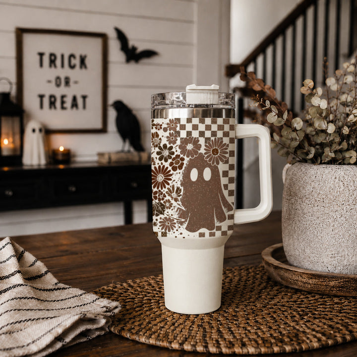 Retro Ghost Skull Tumbler 40oz Halloween Handle Lid Straw Great Gift for Friends
