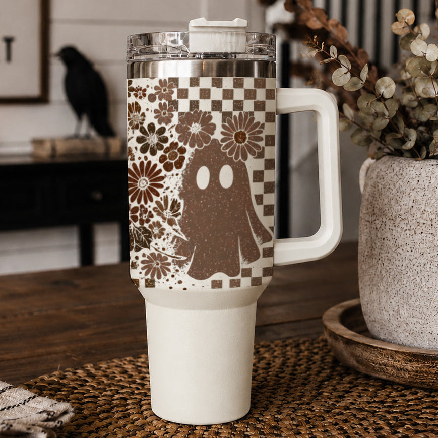 Retro Ghost Skull Tumbler 40oz Halloween Handle Lid Straw Great Gift for Friends
