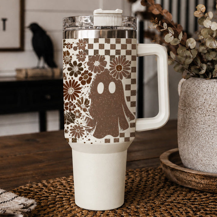 Retro Ghost Skull Tumbler 40oz Halloween Handle Lid Straw Great Gift for Friends