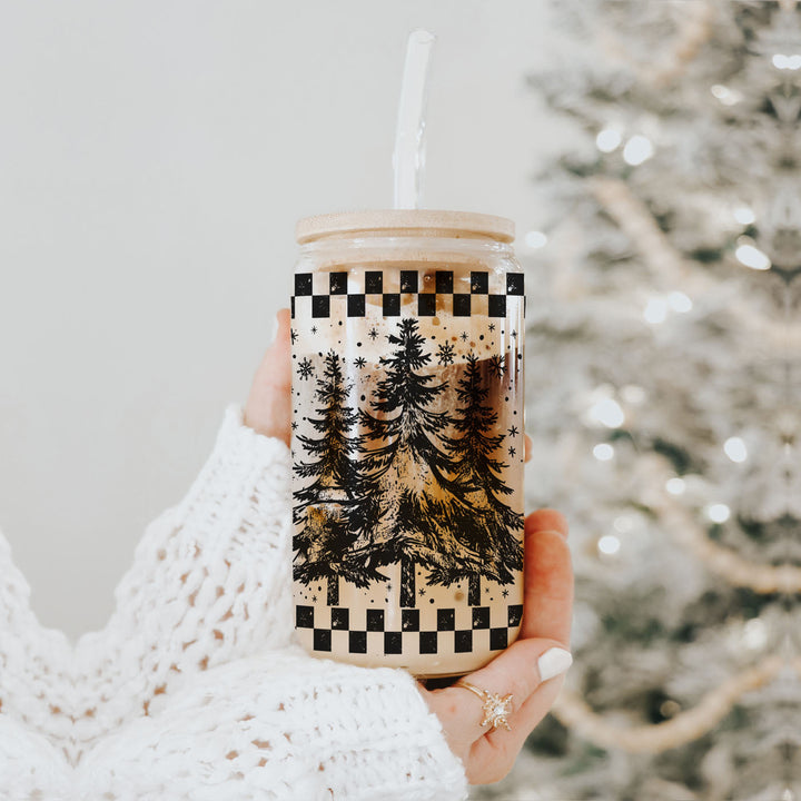 Retro Christmas Tree Glass Tumbler 17oz Bamboo Lid Straw Great Gift for Friends