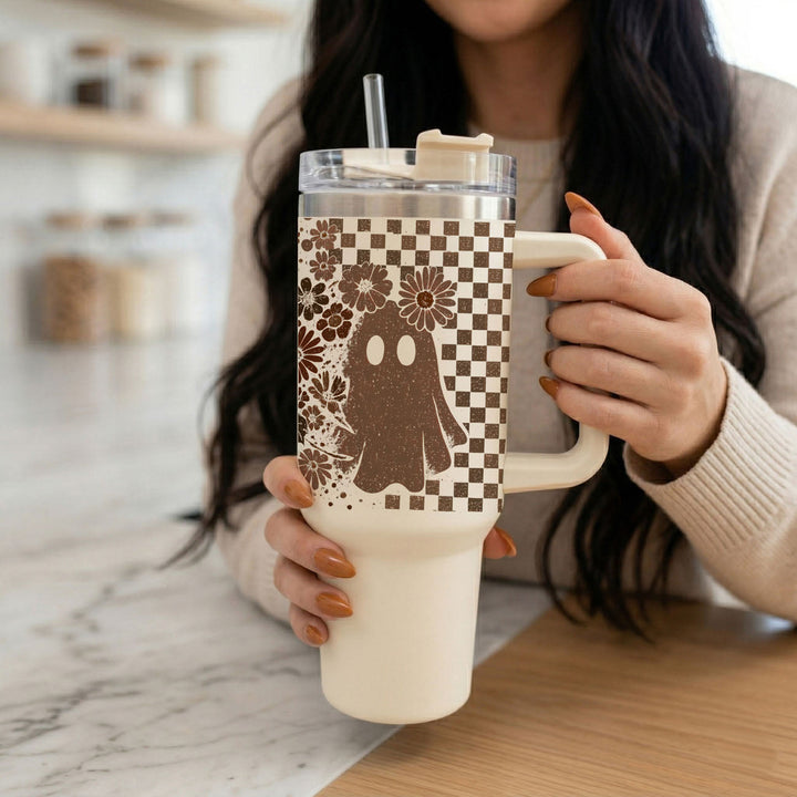 Retro Ghost Skull Tumbler 40oz Halloween Handle Lid Straw Great Gift for Friends