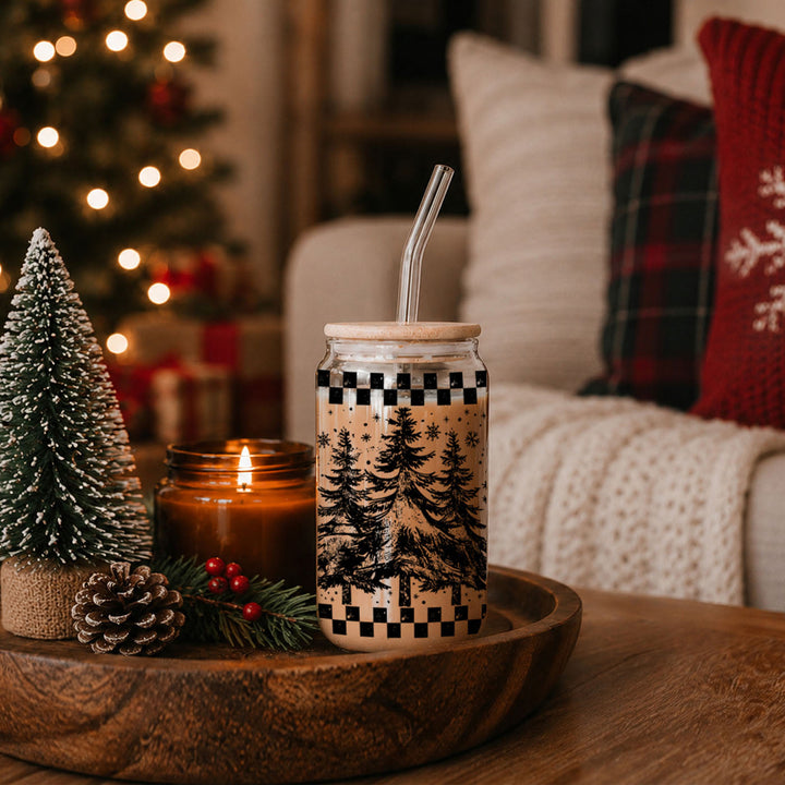 Retro Christmas Tree Glass Tumbler 17oz Bamboo Lid Straw Great Gift for Friends