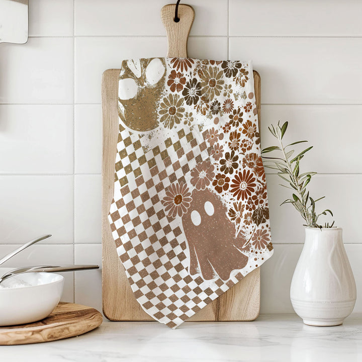 Retro Halloween Ghost Skull Kitchen Tea Towel Spooky Decor Fun Gift for Friends