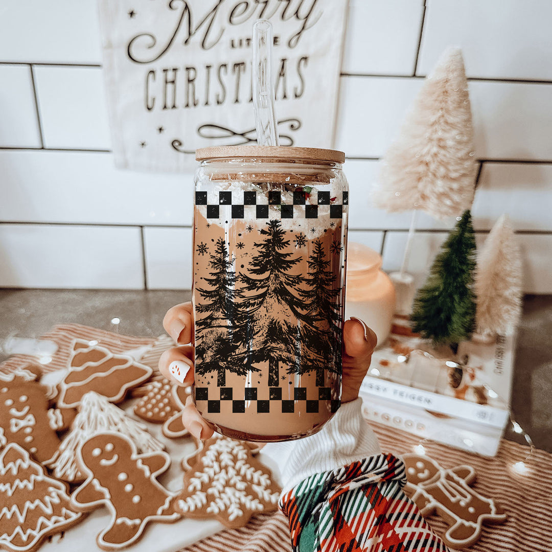 Retro Christmas Tree Glass Tumbler 17oz Bamboo Lid Straw Great Gift for Friends