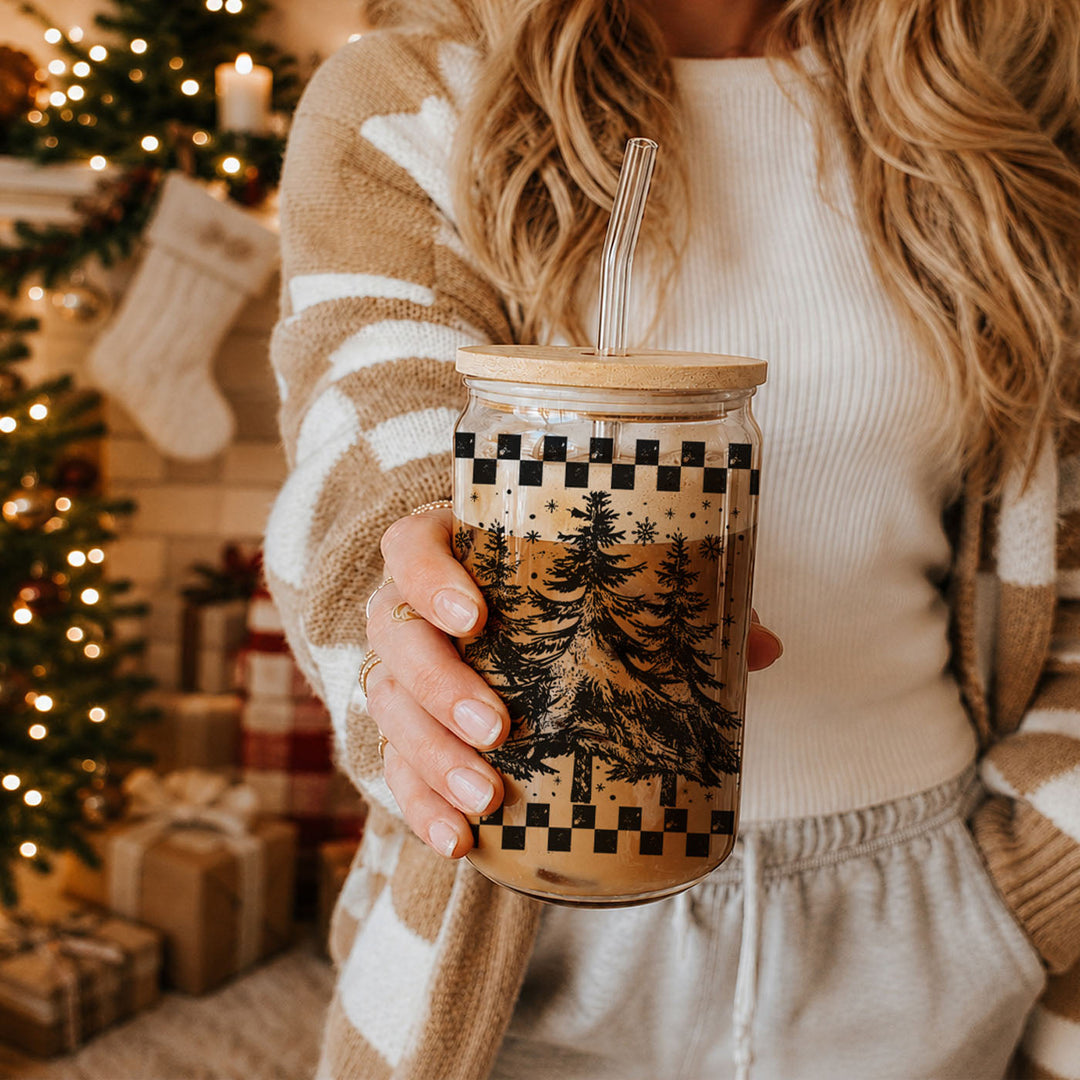 Retro Christmas Tree Glass Tumbler 17oz Bamboo Lid Straw Great Gift for Friends