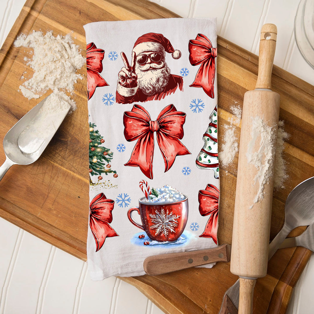 Merry Christmas Cotton Kitchen Tea Towel Santa Bows Holiday Decor Fun Gift Idea