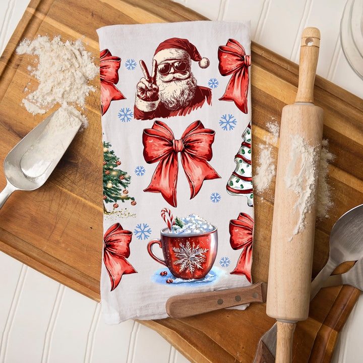 Merry Christmas Cotton Kitchen Tea Towel Santa Bows Holiday Decor Fun Gift Idea