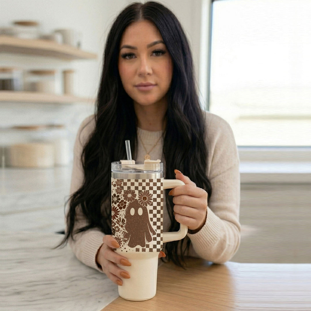 Retro Ghost Skull Tumbler 40oz Halloween Handle Lid Straw Great Gift for Friends