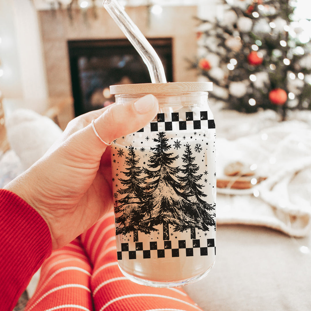 Retro Christmas Tree Glass Tumbler 17oz Bamboo Lid Straw Great Gift for Friends
