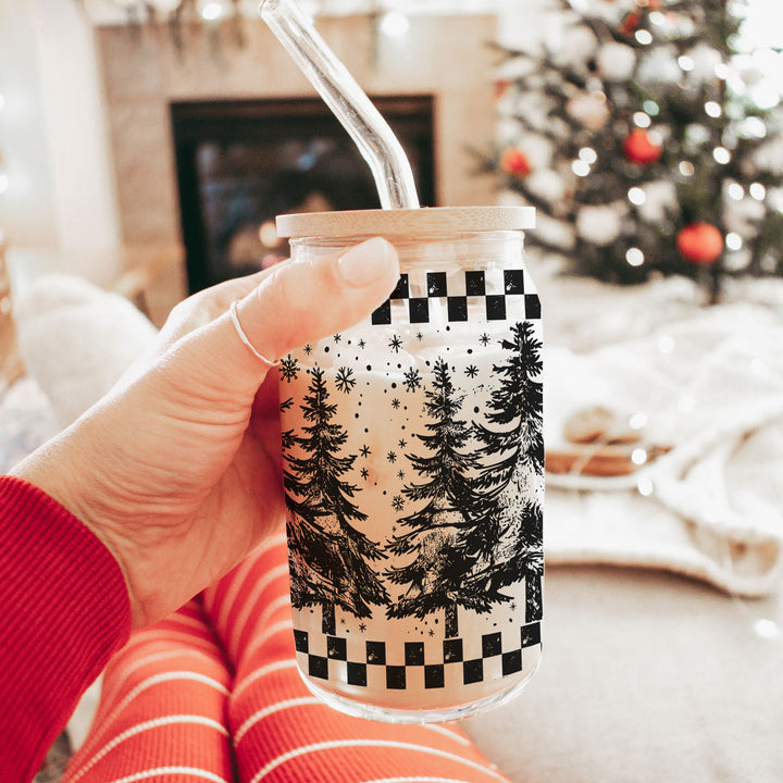 Retro Christmas Tree Glass Tumbler 17oz Bamboo Lid Straw Great Gift for Friends