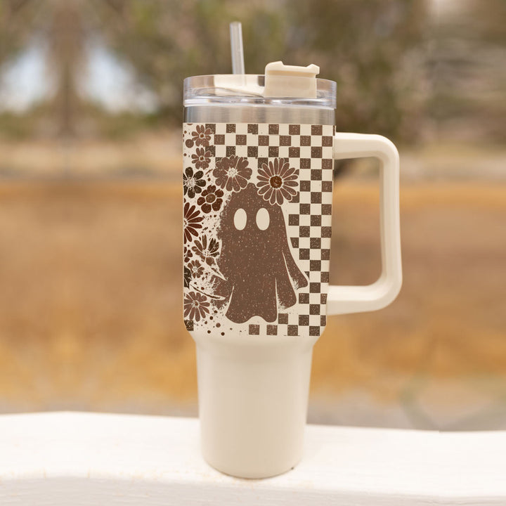 Retro Ghost Skull Tumbler 40oz Halloween Handle Lid Straw Great Gift for Friends