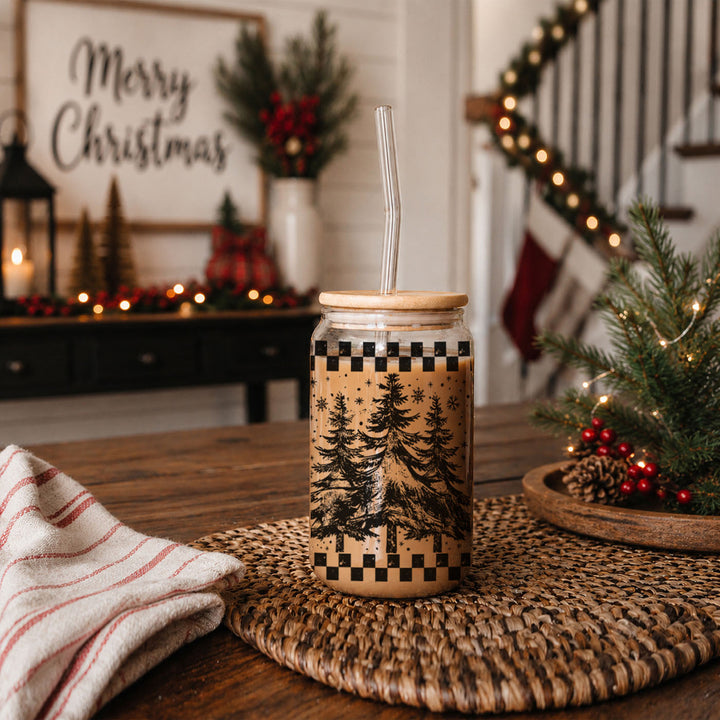 Retro Christmas Tree Glass Tumbler 17oz Bamboo Lid Straw Great Gift for Friends