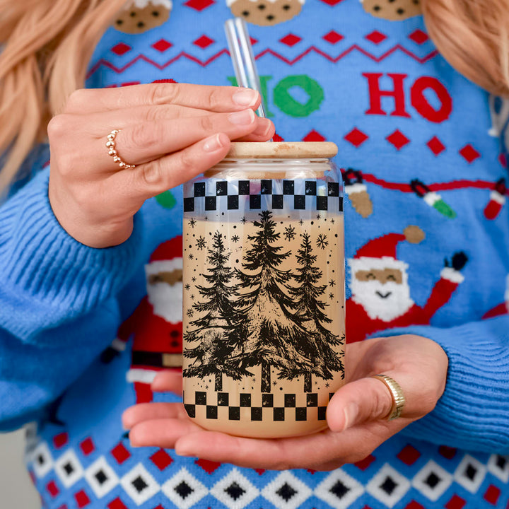 Retro Christmas Tree Glass Tumbler 17oz Bamboo Lid Straw Great Gift for Friends