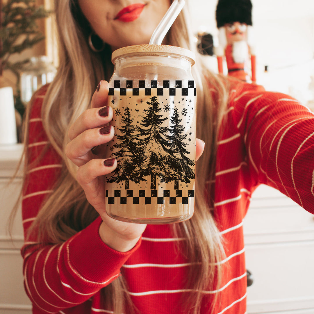 Retro Christmas Tree Glass Tumbler 17oz Bamboo Lid Straw Great Gift for Friends