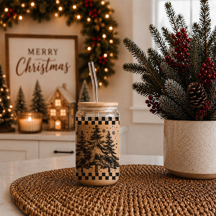 Retro Christmas Tree Glass Tumbler 17oz Bamboo Lid Straw Great Gift for Friends
