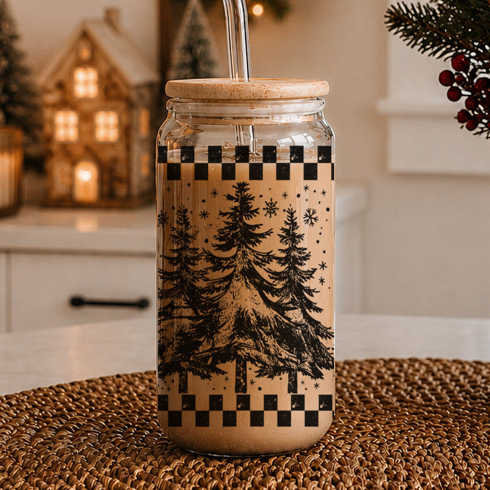Retro Christmas Tree Glass Tumbler 17oz Bamboo Lid Straw Great Gift for Friends