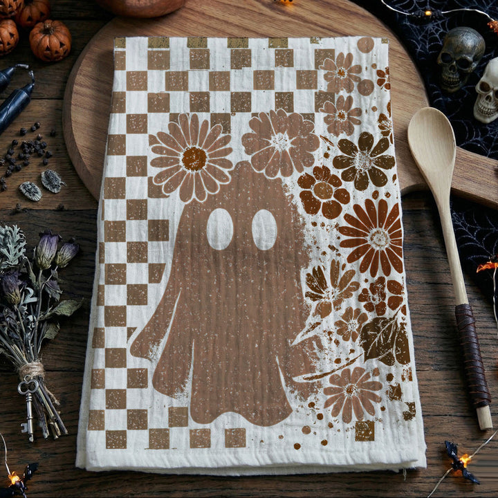 Retro Halloween Ghost Skull Kitchen Tea Towel Spooky Decor Fun Gift for Friends