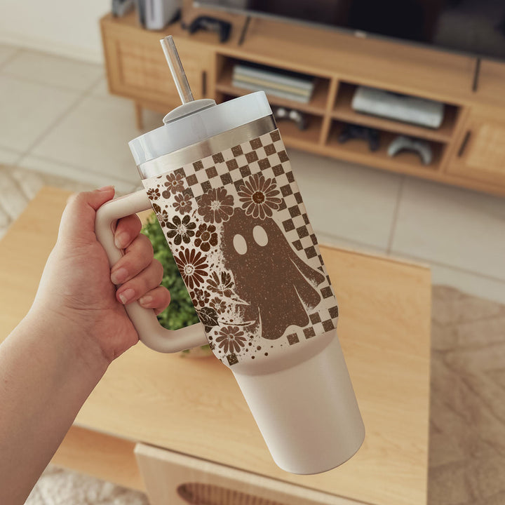 Retro Ghost Skull Tumbler 40oz Halloween Handle Lid Straw Great Gift for Friends