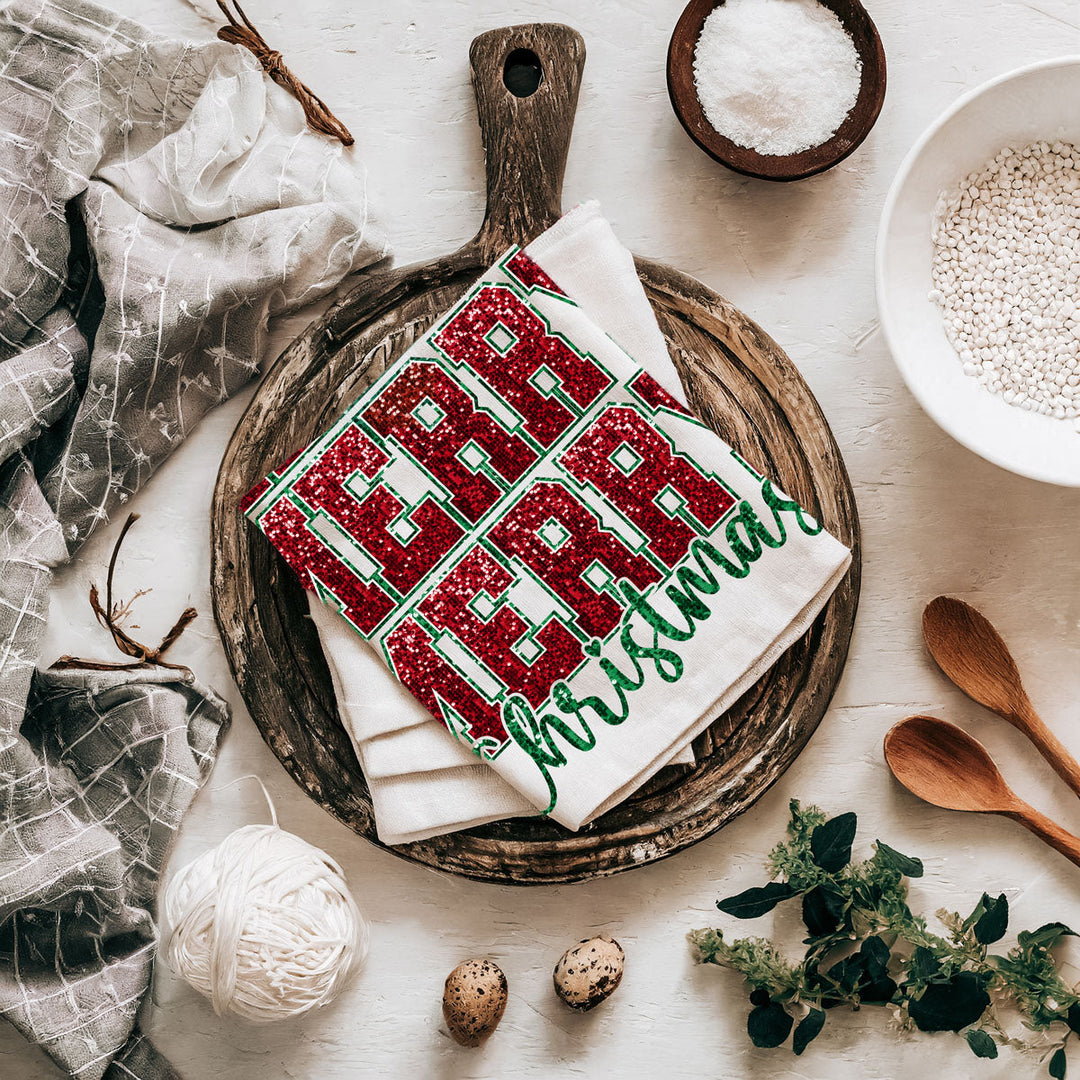 Merry Christmas Cotton Kitchen Tea Towel Santa Bows Holiday Decor Fun Gift Idea