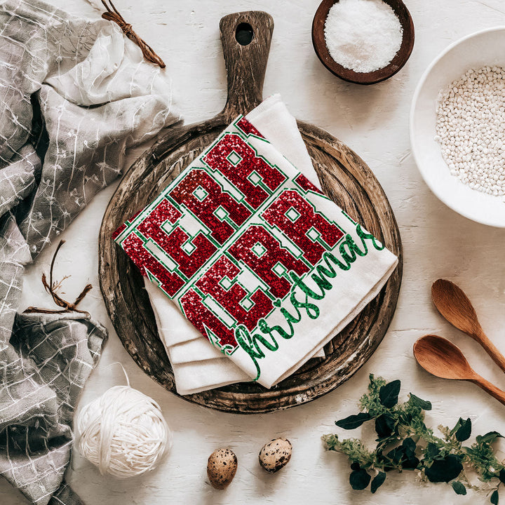 Merry Christmas Cotton Kitchen Tea Towel Santa Bows Holiday Decor Fun Gift Idea