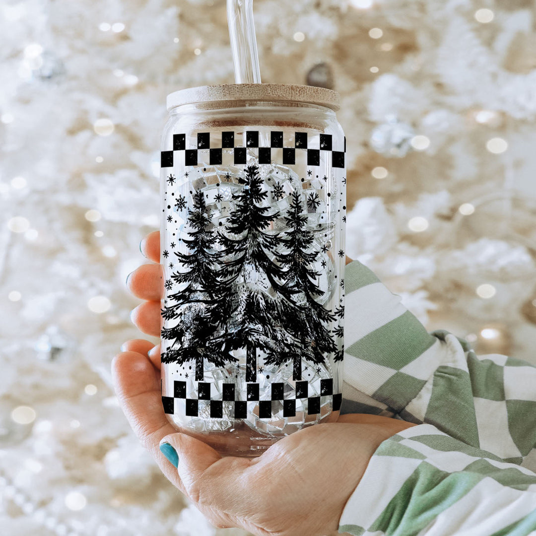 Retro Christmas Tree Glass Tumbler 17oz Bamboo Lid Straw Great Gift for Friends