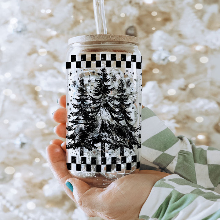 Retro Christmas Tree Glass Tumbler 17oz Bamboo Lid Straw Great Gift for Friends