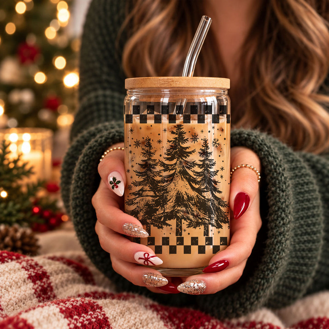 Retro Christmas Tree Glass Tumbler 17oz Bamboo Lid Straw Great Gift for Friends