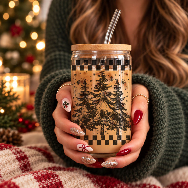 Retro Christmas Tree Glass Tumbler 17oz Bamboo Lid Straw Great Gift for Friends