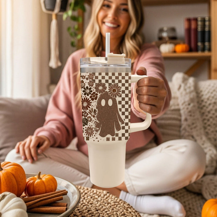 Retro Ghost Skull Tumbler 40oz Halloween Handle Lid Straw Great Gift for Friends