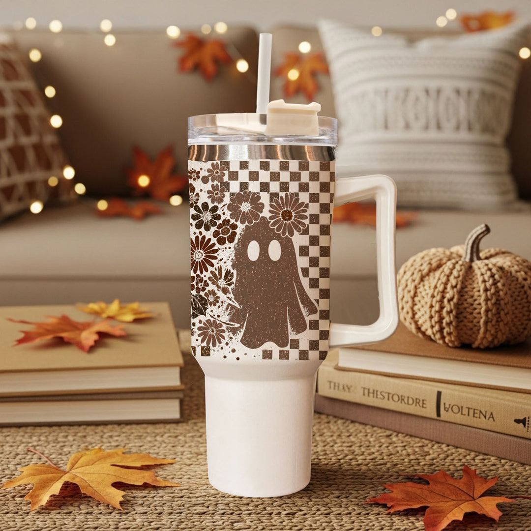 Retro Ghost Skull Tumbler 40oz Halloween Handle Lid Straw Great Gift for Friends