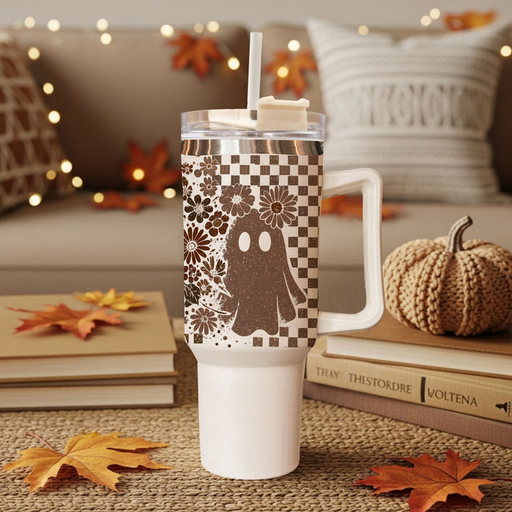 Retro Ghost Skull Tumbler 40oz Halloween Handle Lid Straw Great Gift for Friends