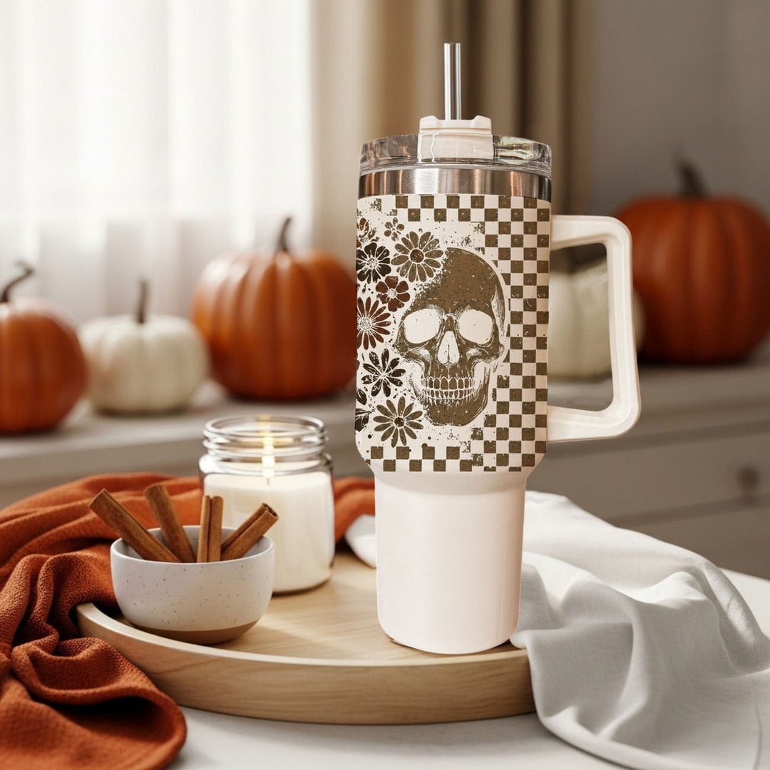 Retro Ghost Skull Tumbler 40oz Halloween Handle Lid Straw Great Gift for Friends