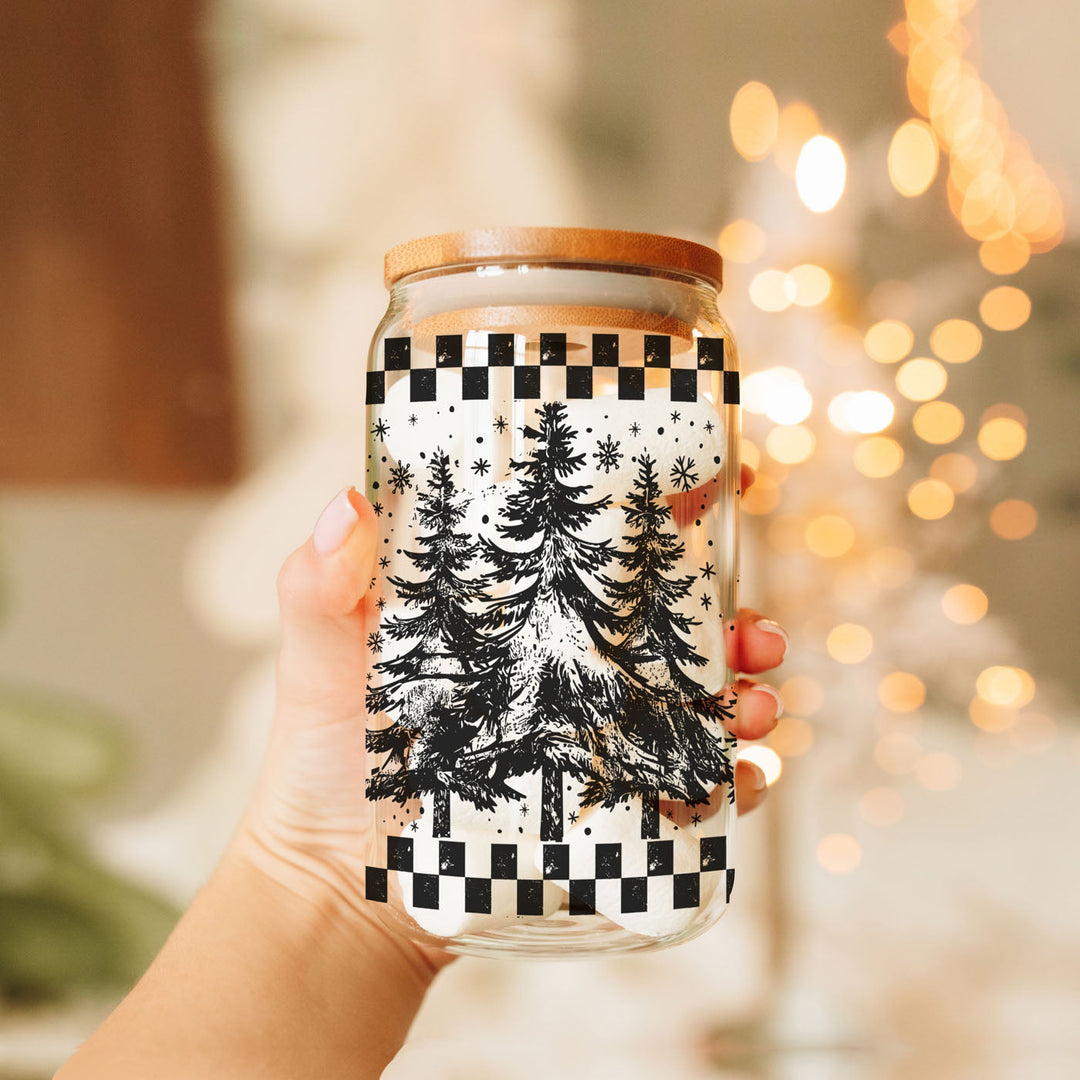 Retro Christmas Tree Glass Tumbler 17oz Bamboo Lid Straw Great Gift for Friends