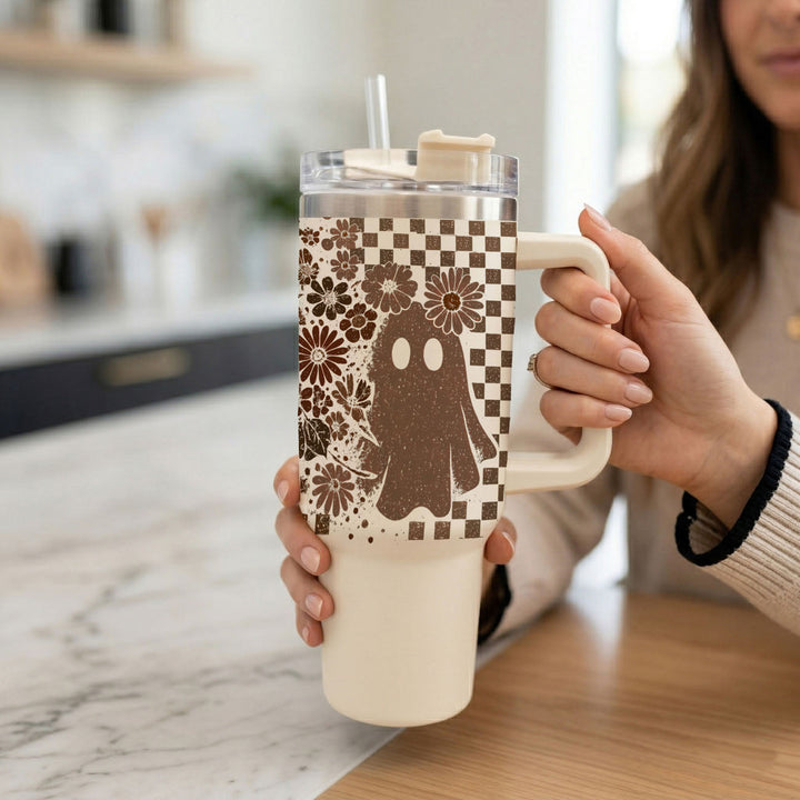 Retro Ghost Skull Tumbler 40oz Halloween Handle Lid Straw Great Gift for Friends