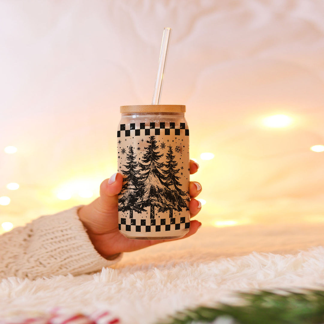 Retro Christmas Tree Glass Tumbler 17oz Bamboo Lid Straw Great Gift for Friends