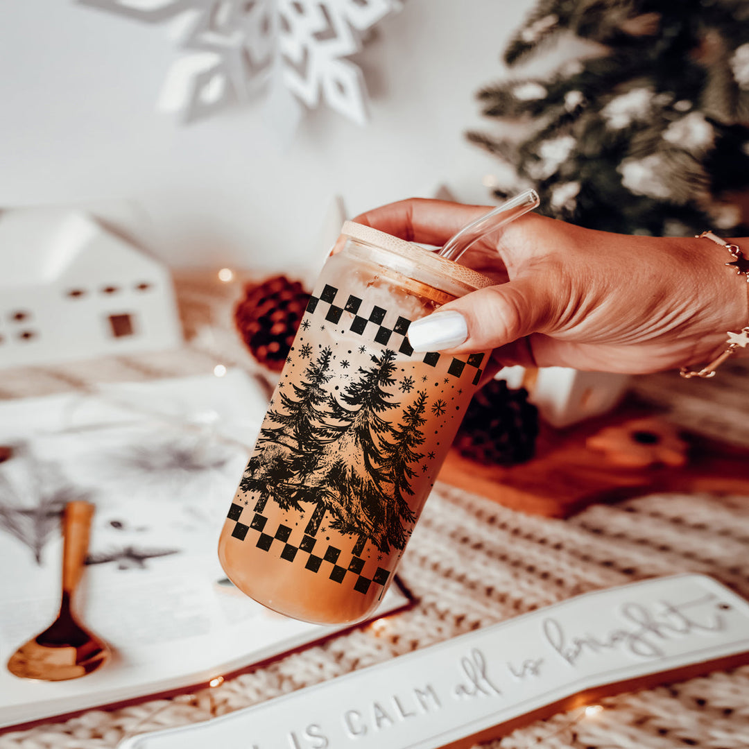 Retro Christmas Tree Glass Tumbler 17oz Bamboo Lid Straw Great Gift for Friends
