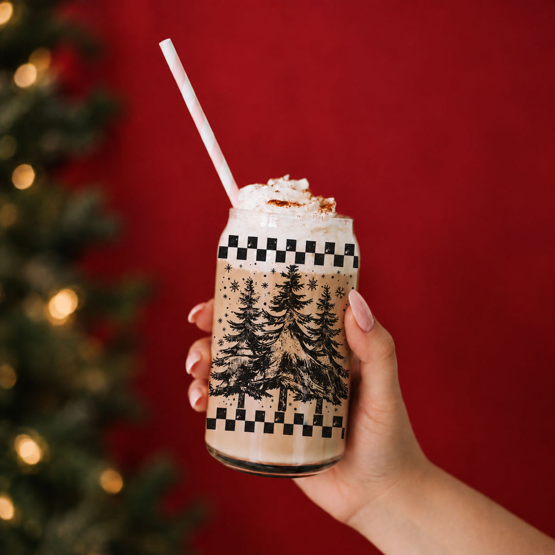 Retro Christmas Tree Glass Tumbler 17oz Bamboo Lid Straw Great Gift for Friends