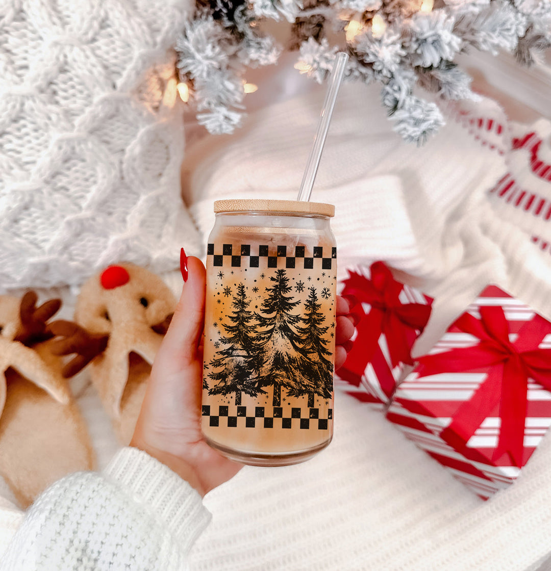 Retro Christmas Tree Glass Tumbler 17oz Bamboo Lid Straw Great Gift for Friends