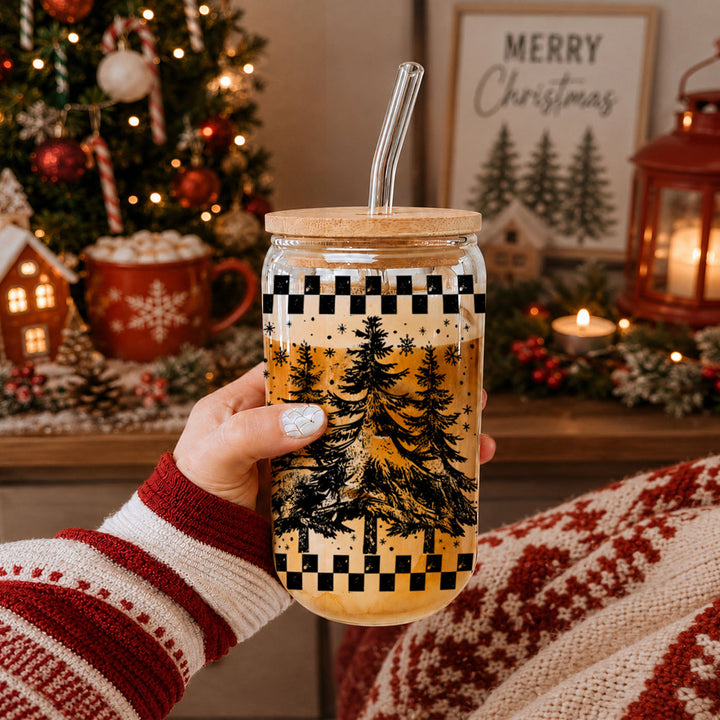 Retro Christmas Tree Glass Tumbler 17oz Bamboo Lid Straw Great Gift for Friends