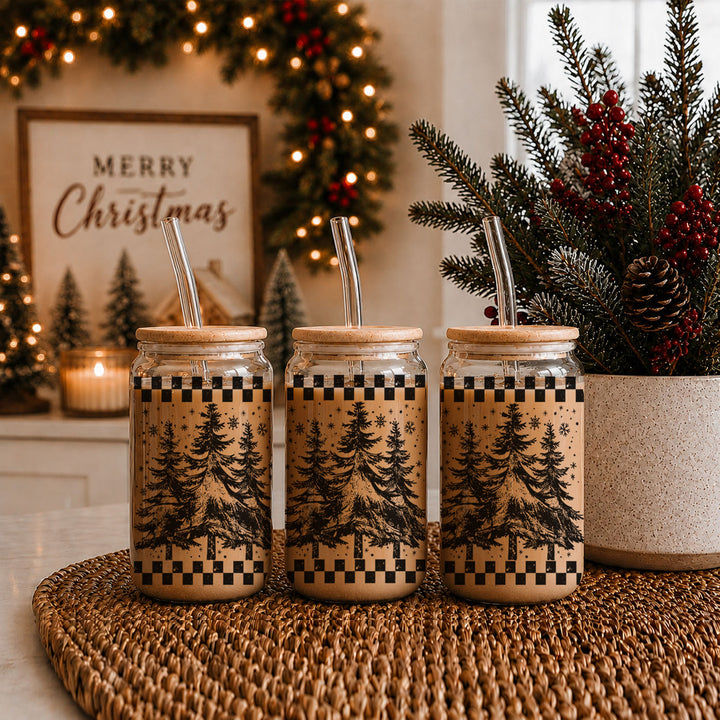 Retro Christmas Tree Glass Tumbler 17oz Bamboo Lid Straw Great Gift for Friends