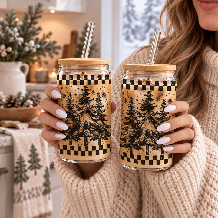 Retro Christmas Tree Glass Tumbler 17oz Bamboo Lid Straw Great Gift for Friends