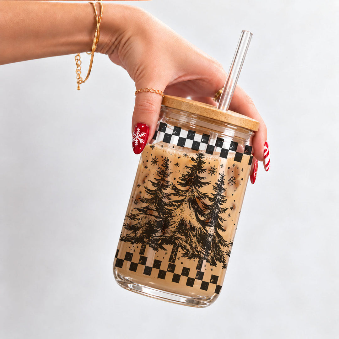 Retro Christmas Tree Glass Tumbler 17oz Bamboo Lid Straw Great Gift for Friends