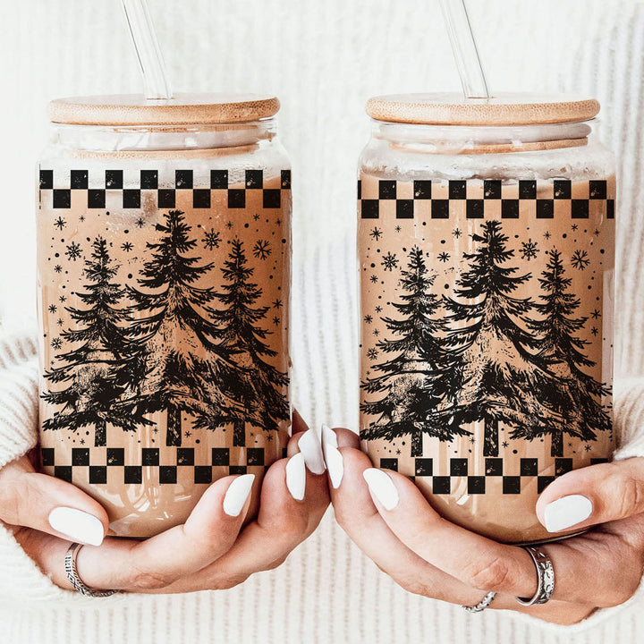 Retro Christmas Tree Glass Tumbler 17oz Bamboo Lid Straw Great Gift for Friends