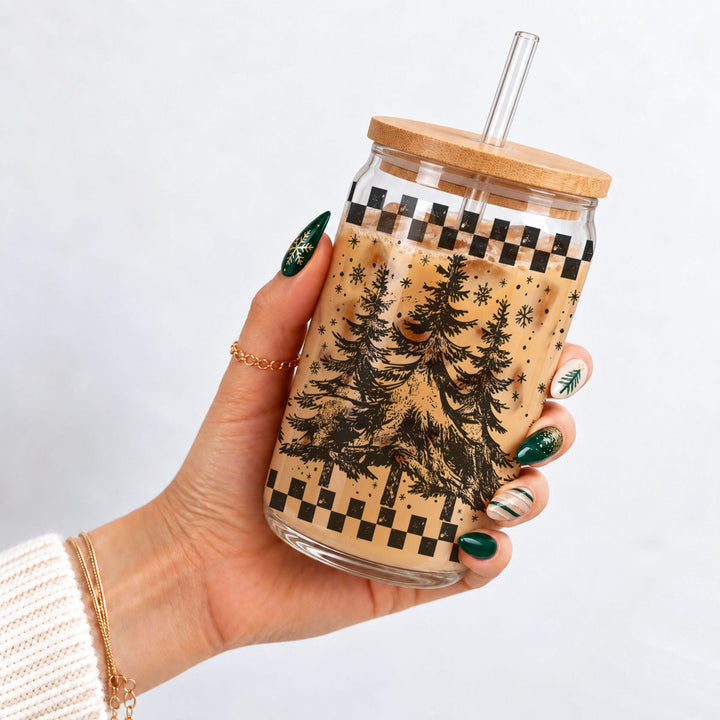 Retro Christmas Tree Glass Tumbler 17oz Bamboo Lid Straw Great Gift for Friends