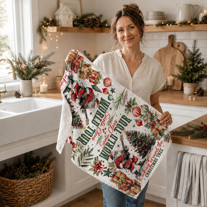 Santa Shreds Guitar Christmas Kitchen Tea Towel Holiday Decor Great Holiday Gift