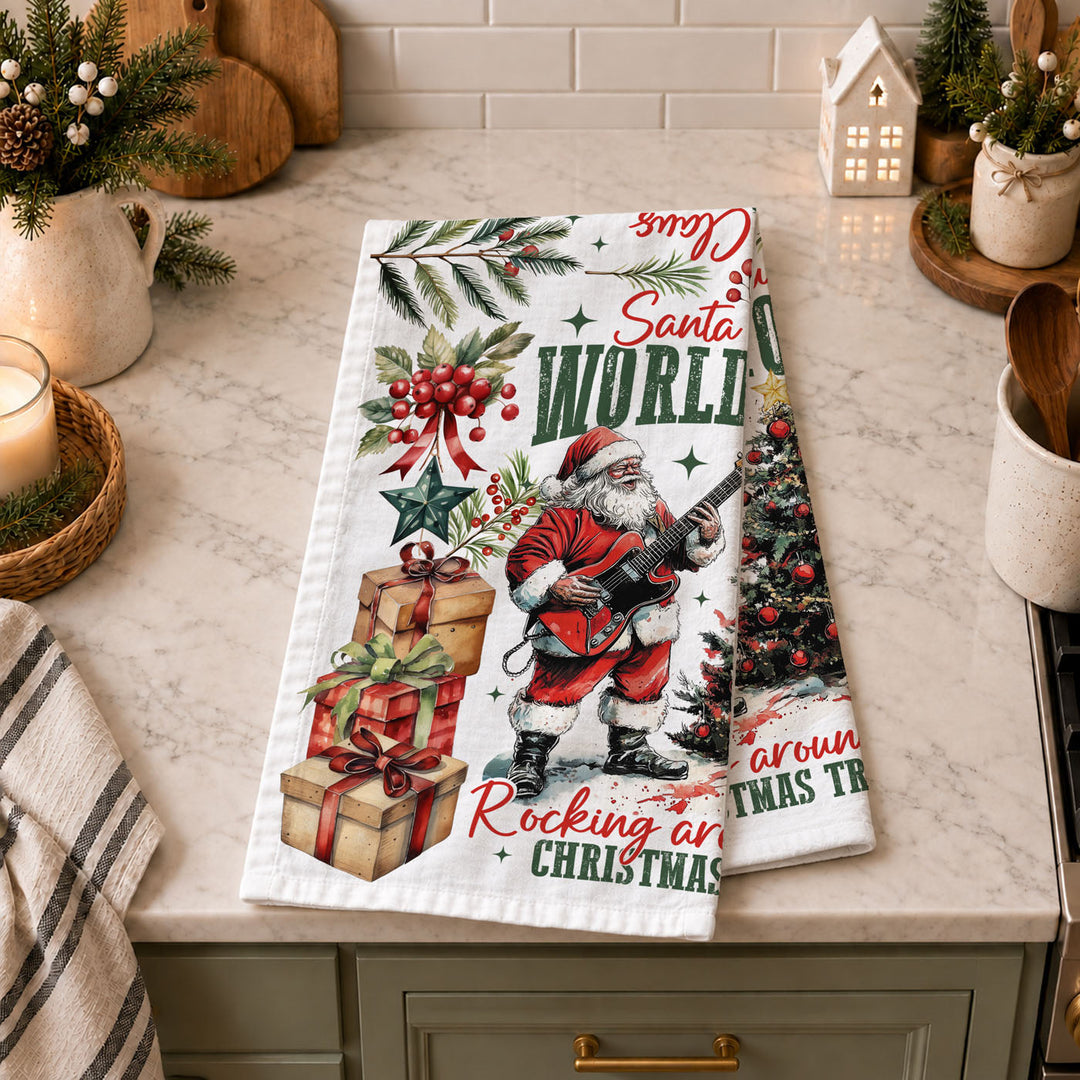 Santa Shreds Guitar Christmas Kitchen Tea Towel Holiday Decor Great Holiday Gift