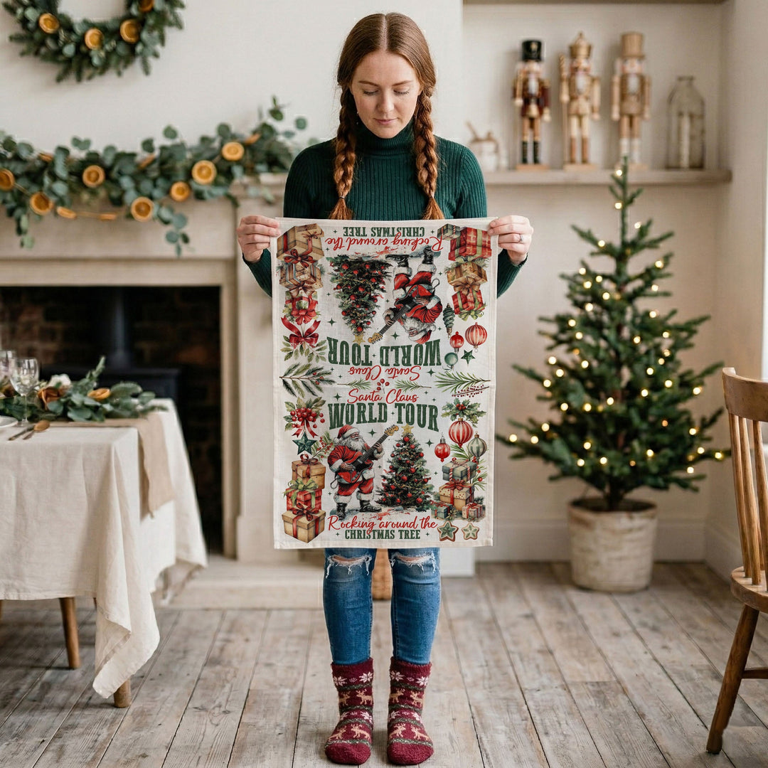 Santa Shreds Guitar Christmas Kitchen Tea Towel Holiday Decor Great Holiday Gift