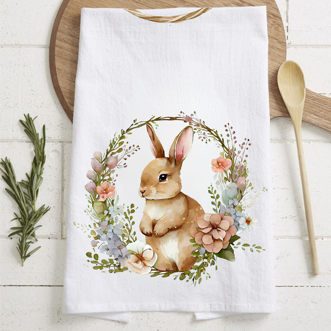 Rustic Bunny Wreath Cotton Kitchen Tea Towel Farmhouse Easter Decor Great Gifts